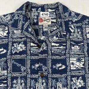 Hilo Hattie Hawaiian Shirt Mens XL Blue Cotton Fish Palm‎ Floral Islands Volcano